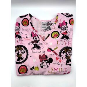 Disney MINNIE MOUSE Pink Women's SZ L SS Scrub Top 100% Cotton V Neck Pediatric